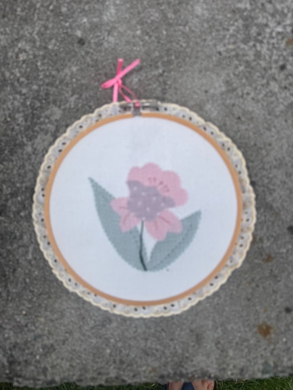 Vintage Hand Embroidered 1990s Cottage Core Flower with vintage doily
